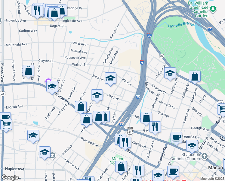 map of restaurants, bars, coffee shops, grocery stores, and more near 325 Pursley Street in Macon