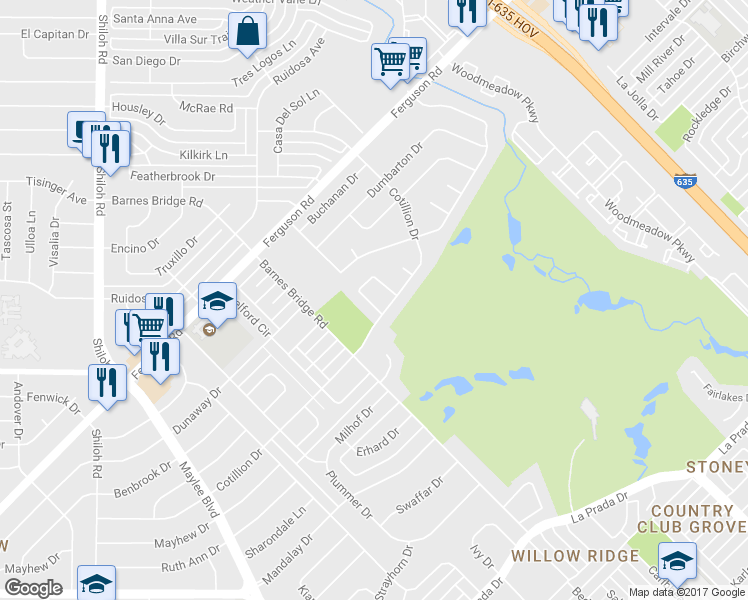 map of restaurants, bars, coffee shops, grocery stores, and more near 3609 Bon Park Court in Dallas