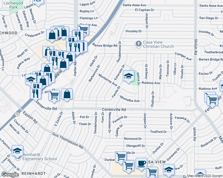 map of restaurants, bars, coffee shops, grocery stores, and more near 10844 Estacado Drive in Dallas