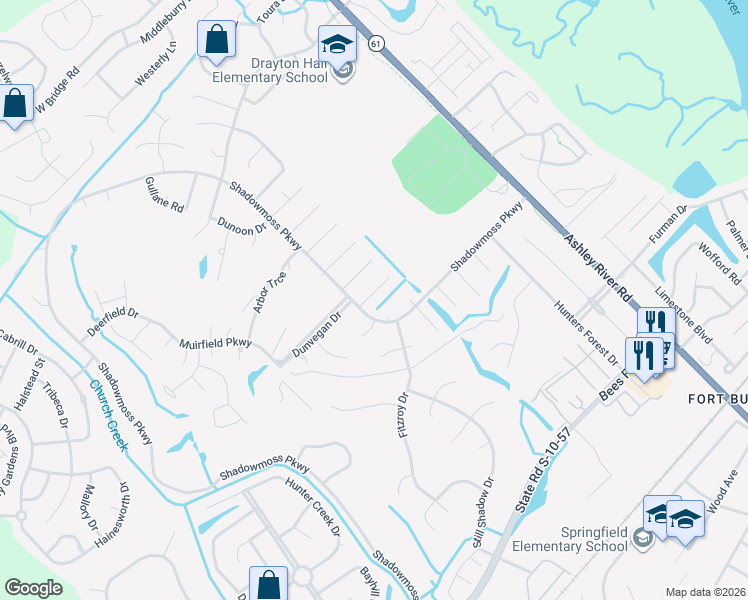 map of restaurants, bars, coffee shops, grocery stores, and more near 3 Tartan Court in Charleston