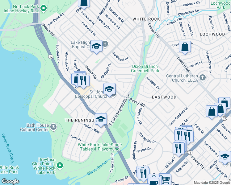 map of restaurants, bars, coffee shops, grocery stores, and more near 861 Peavy Road in Dallas