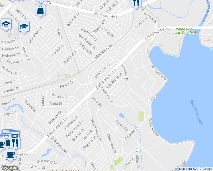 map of restaurants, bars, coffee shops, grocery stores, and more near 7121 Brookcove Lane in Dallas