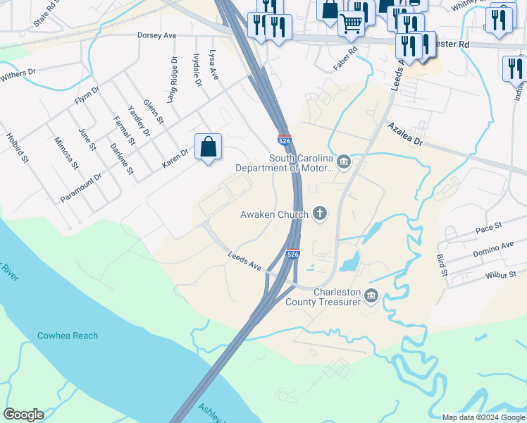 map of restaurants, bars, coffee shops, grocery stores, and more near 4000 Faber Place Drive in North Charleston