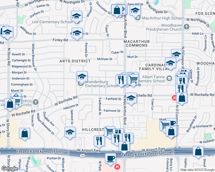 map of restaurants, bars, coffee shops, grocery stores, and more near 2820 Clearbrook Drive in Irving
