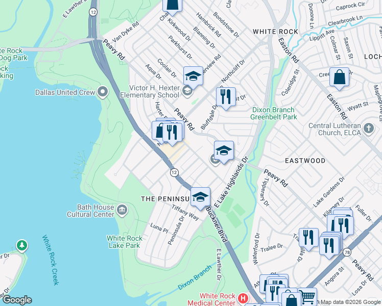 map of restaurants, bars, coffee shops, grocery stores, and more near 9546 Tarleton Street in Dallas