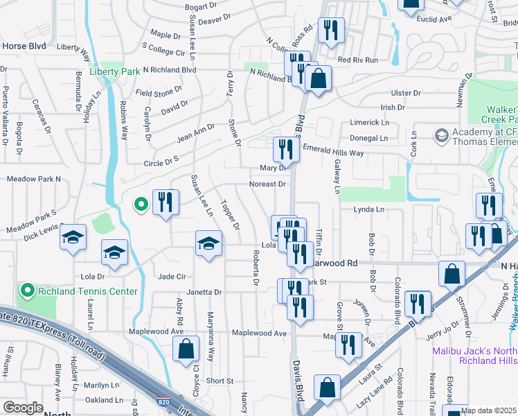map of restaurants, bars, coffee shops, grocery stores, and more near 5413 Greenwood Way in North Richland Hills