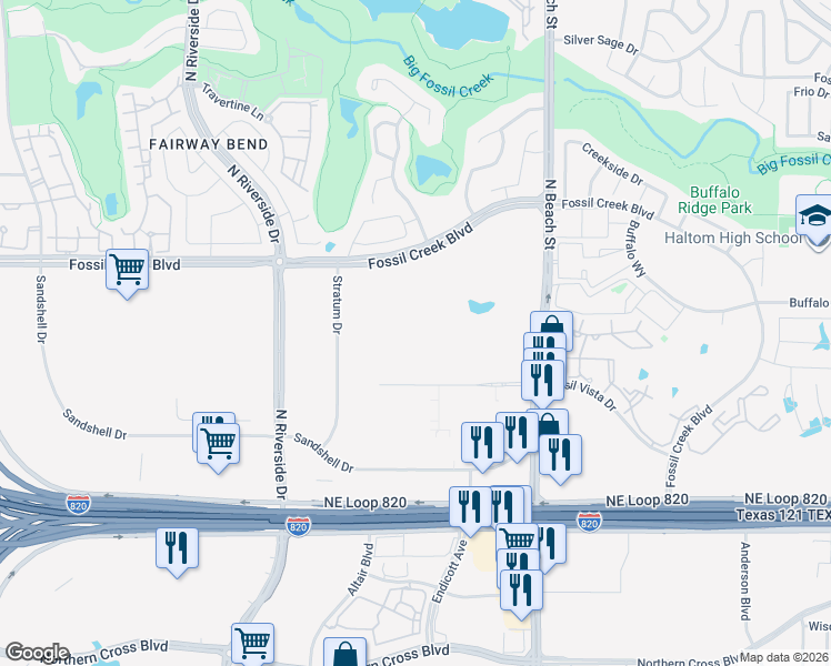 map of restaurants, bars, coffee shops, grocery stores, and more near 5555 North Beach Street in Fort Worth