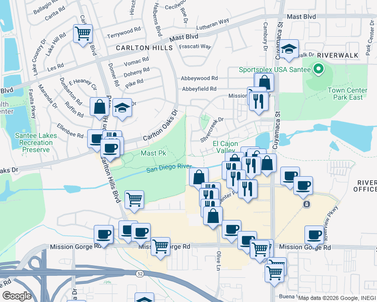 map of restaurants, bars, coffee shops, grocery stores, and more near 306 River Trail Place in Santee
