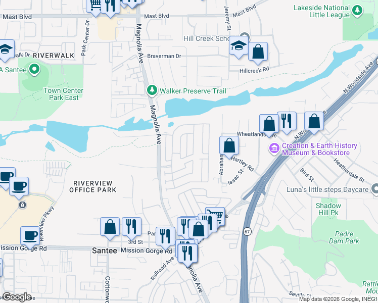map of restaurants, bars, coffee shops, grocery stores, and more near 9255 Magnolia Avenue in San Diego