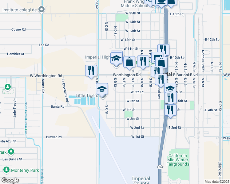 map of restaurants, bars, coffee shops, grocery stores, and more near 303 South D Street in Imperial
