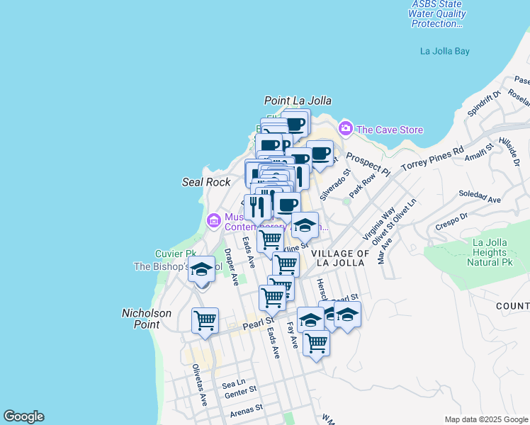 map of restaurants, bars, coffee shops, grocery stores, and more near 7825 Fay Avenue in San Diego