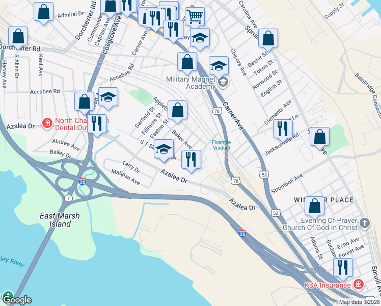 map of restaurants, bars, coffee shops, grocery stores, and more near 2209 Adair Street in North Charleston