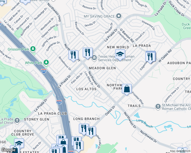 map of restaurants, bars, coffee shops, grocery stores, and more near 1725 Omar Drive in Mesquite
