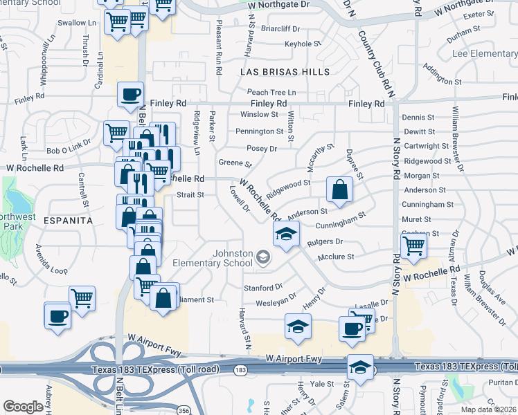 map of restaurants, bars, coffee shops, grocery stores, and more near 2837 Lowell Drive in Irving