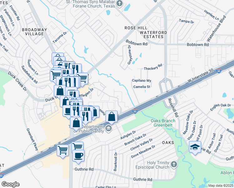 map of restaurants, bars, coffee shops, grocery stores, and more near 861 Castleglen Drive in Garland