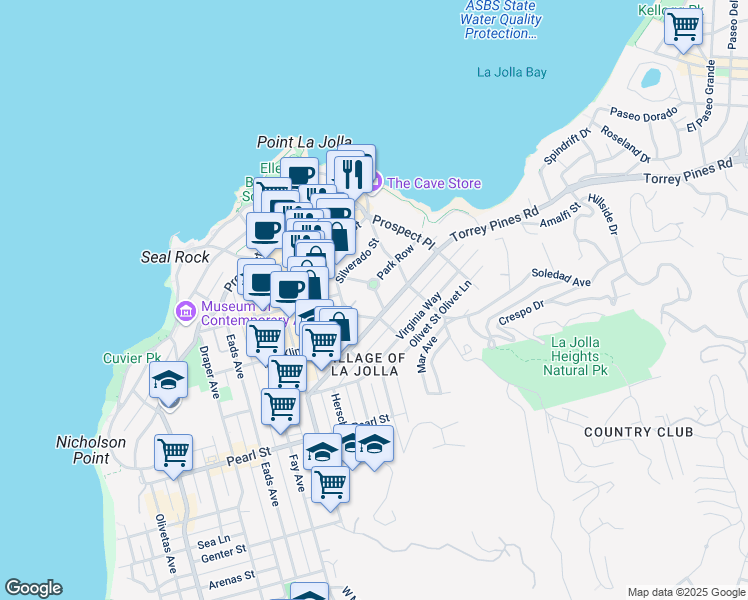 map of restaurants, bars, coffee shops, grocery stores, and more near 1320 Park Row in San Diego
