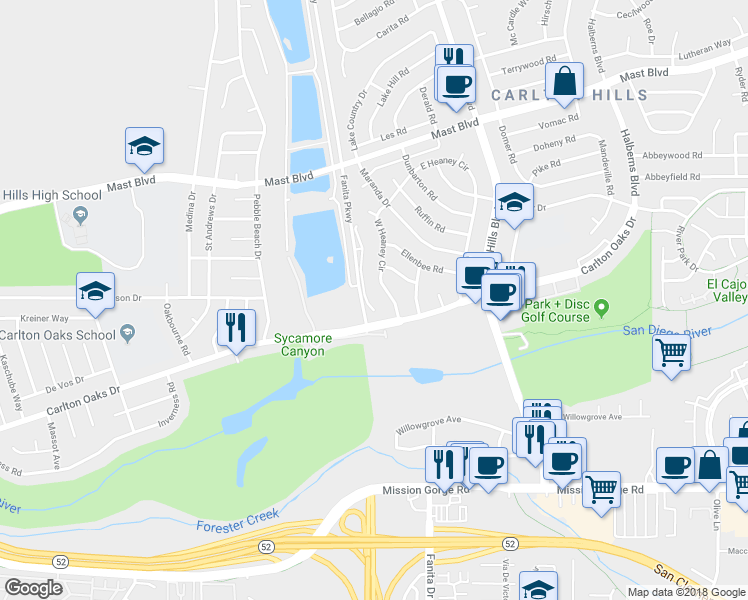 map of restaurants, bars, coffee shops, grocery stores, and more near 9421 Calle Del Lago in Santee