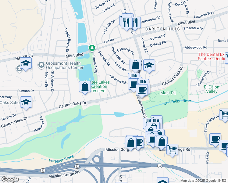 map of restaurants, bars, coffee shops, grocery stores, and more near 9316 Woodruff Way in Santee