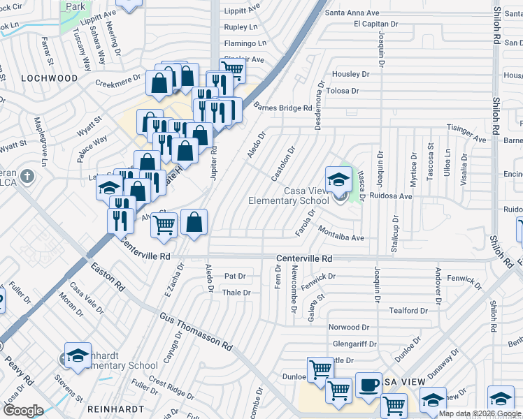 map of restaurants, bars, coffee shops, grocery stores, and more near 10907 Desdemona Drive in Dallas