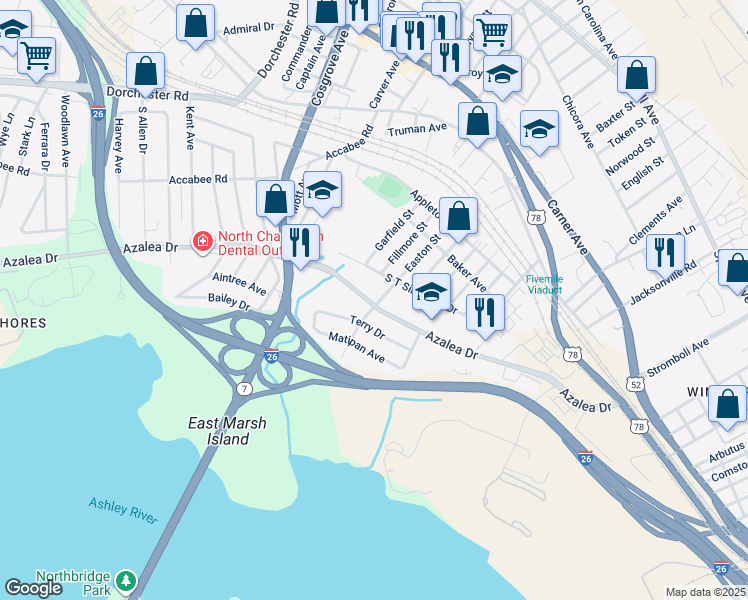 map of restaurants, bars, coffee shops, grocery stores, and more near 3100 Azalea Drive in North Charleston