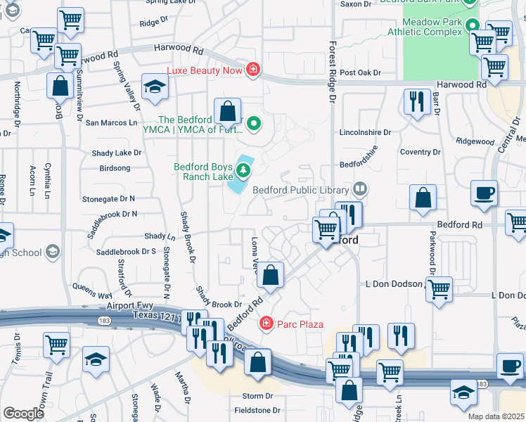 map of restaurants, bars, coffee shops, grocery stores, and more near 1328 Shady Lane in Bedford