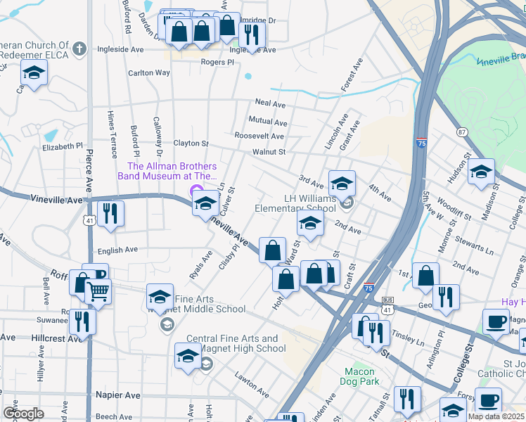 map of restaurants, bars, coffee shops, grocery stores, and more near 149 Lamar St in Macon