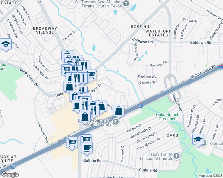 map of restaurants, bars, coffee shops, grocery stores, and more near 790 Castleglen Drive in Garland