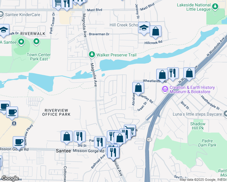 map of restaurants, bars, coffee shops, grocery stores, and more near 9255 Magnolia Avenue in Santee