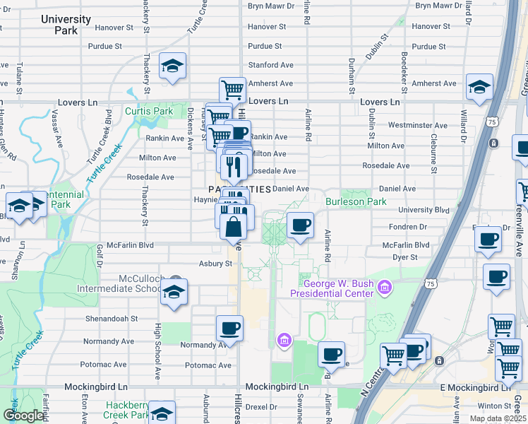 map of restaurants, bars, coffee shops, grocery stores, and more near 3330 University Boulevard in Dallas