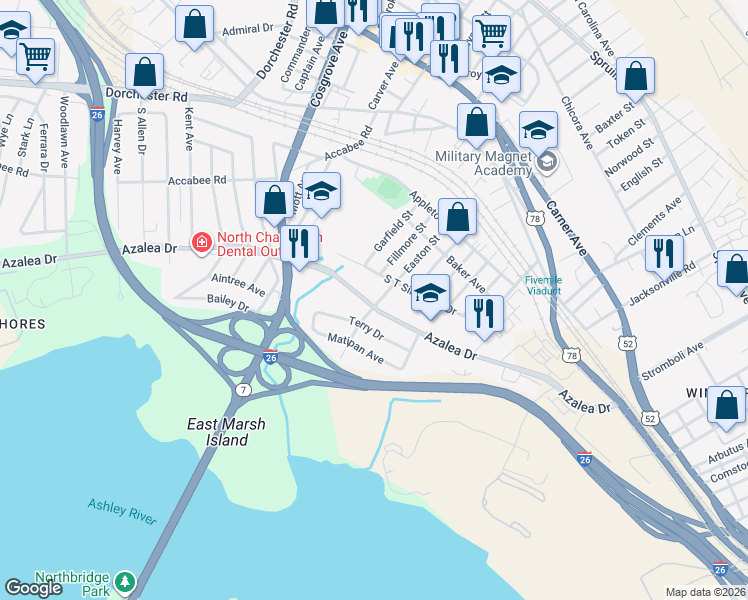 map of restaurants, bars, coffee shops, grocery stores, and more near 3100 Azalea Drive in North Charleston