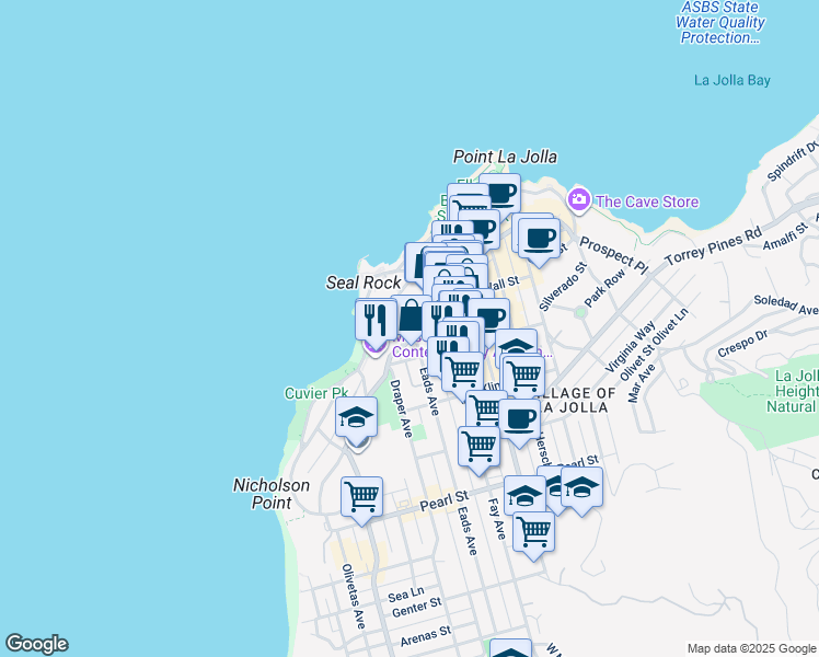 map of restaurants, bars, coffee shops, grocery stores, and more near 7852 Eads Avenue in San Diego