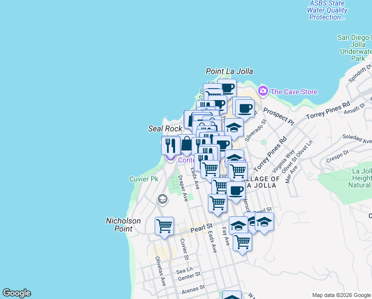 map of restaurants, bars, coffee shops, grocery stores, and more near in San Diego County