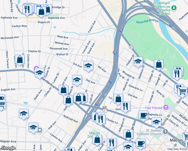 map of restaurants, bars, coffee shops, grocery stores, and more near 310 Pursley St in Macon
