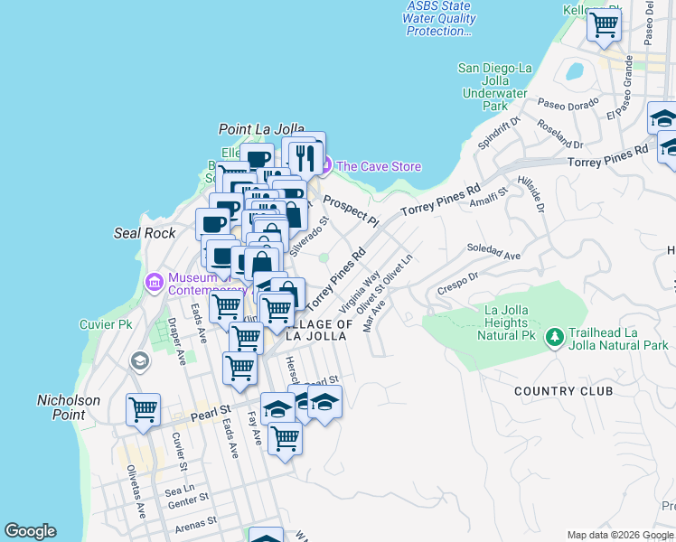 map of restaurants, bars, coffee shops, grocery stores, and more near 1320 Park Row in San Diego