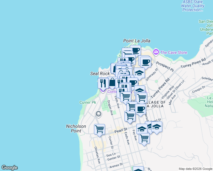 map of restaurants, bars, coffee shops, grocery stores, and more near 7852 Eads Avenue in San Diego