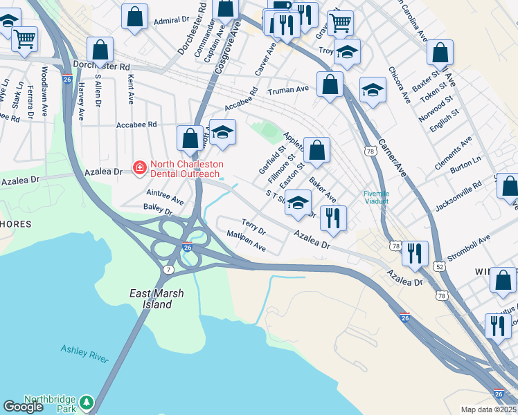 map of restaurants, bars, coffee shops, grocery stores, and more near 3100 Azalea Drive in North Charleston