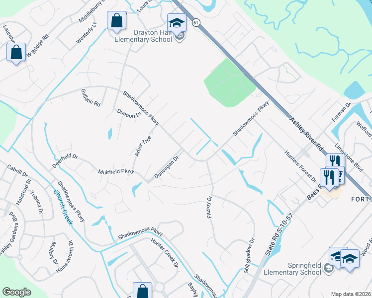 map of restaurants, bars, coffee shops, grocery stores, and more near 3 Tartan Court in Charleston
