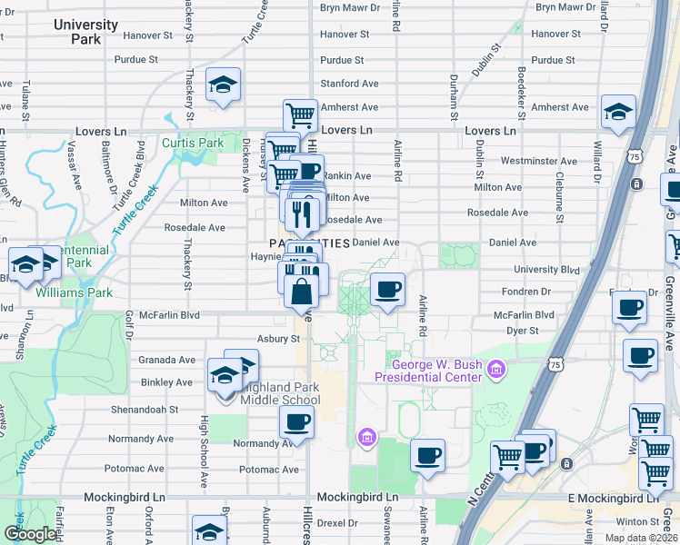 map of restaurants, bars, coffee shops, grocery stores, and more near 3322-3330 University Boulevard in Dallas