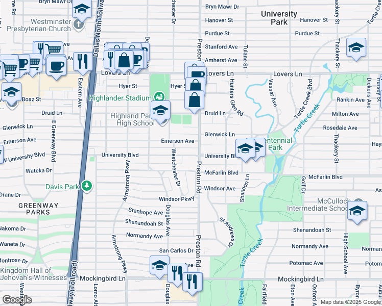 map of restaurants, bars, coffee shops, grocery stores, and more near 4124 University Boulevard in Dallas