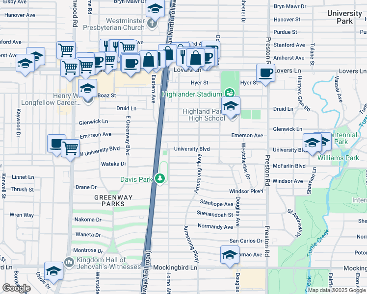 map of restaurants, bars, coffee shops, grocery stores, and more near 4420 University Boulevard in Dallas