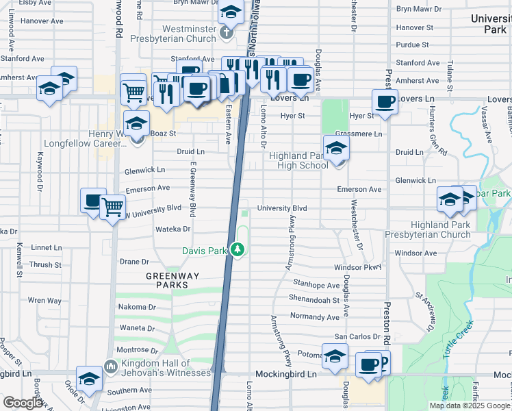 map of restaurants, bars, coffee shops, grocery stores, and more near 4516 University Boulevard in Dallas