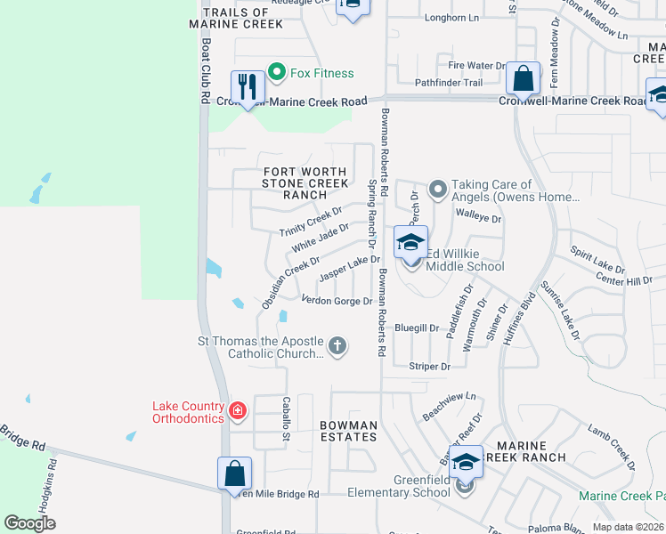 map of restaurants, bars, coffee shops, grocery stores, and more near 6304 Jasper Lake Drive in Fort Worth