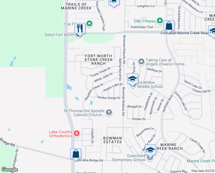 map of restaurants, bars, coffee shops, grocery stores, and more near 6260 Jasper Lake Drive in Fort Worth