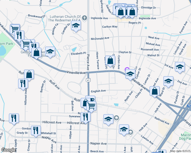map of restaurants, bars, coffee shops, grocery stores, and more near 123 Cleveland Avenue in Macon