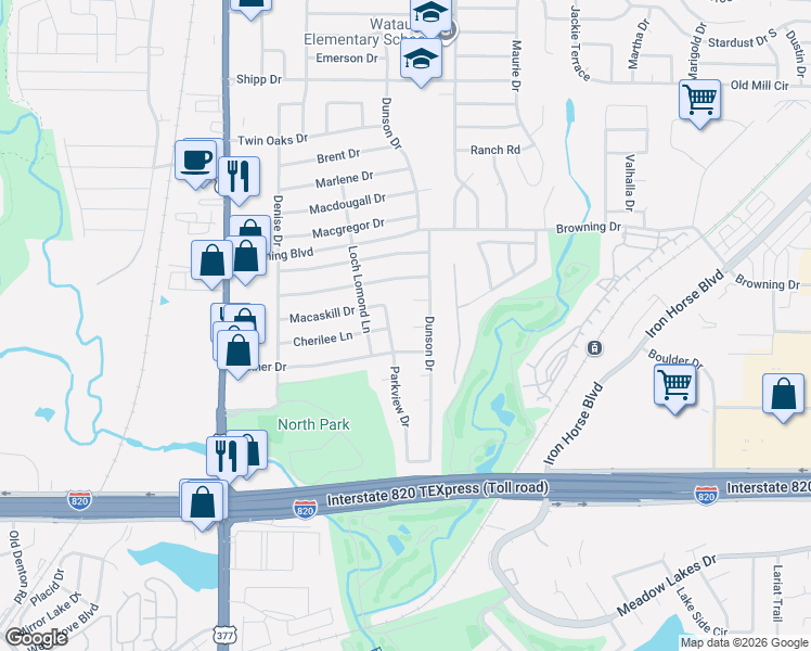 map of restaurants, bars, coffee shops, grocery stores, and more near 5728 Judie Court in Haltom City