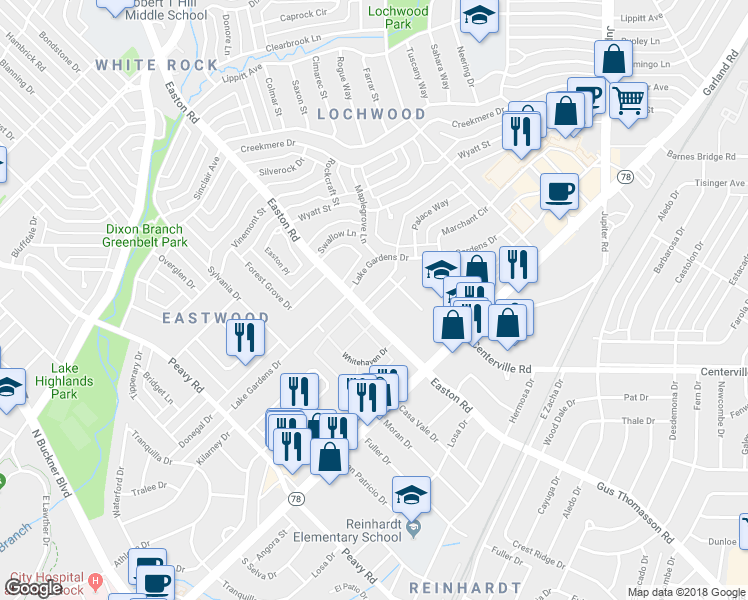 map of restaurants, bars, coffee shops, grocery stores, and more near 10514 Evangeline Way in Dallas