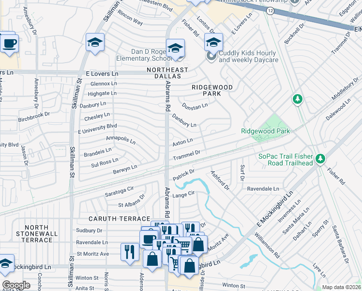 map of restaurants, bars, coffee shops, grocery stores, and more near 6428 Axton Lane in Dallas