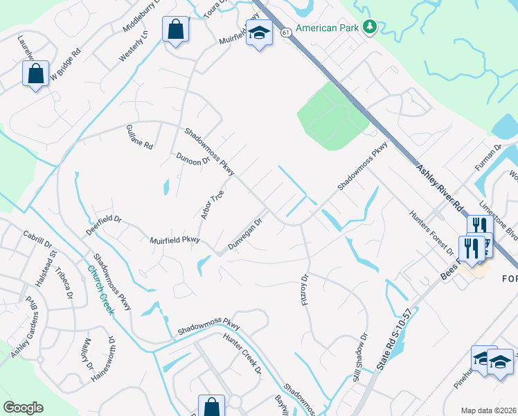 map of restaurants, bars, coffee shops, grocery stores, and more near 2 Dunvegan Drive in Charleston