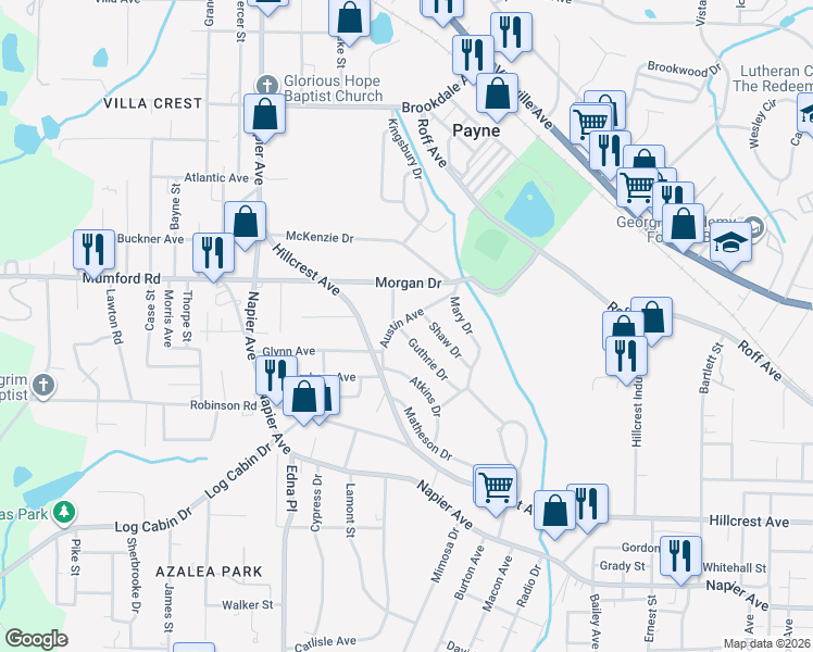 map of restaurants, bars, coffee shops, grocery stores, and more near 3439 Austin Avenue in Macon