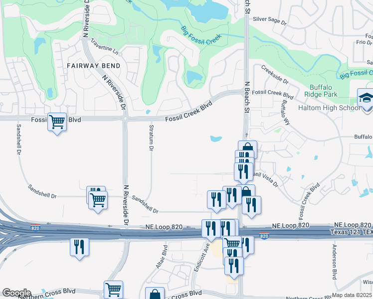 map of restaurants, bars, coffee shops, grocery stores, and more near 5555 North Beach Street in Fort Worth